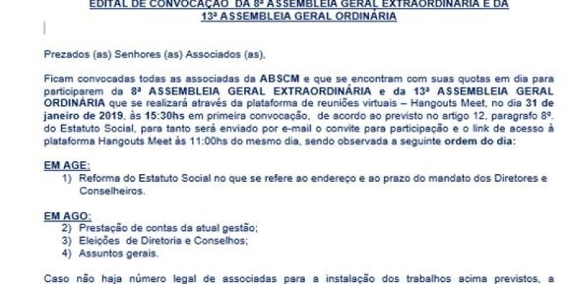 EDITAL DE CONVOCAÇÃO 8ª A.G.E. E 13ª A.G.O.